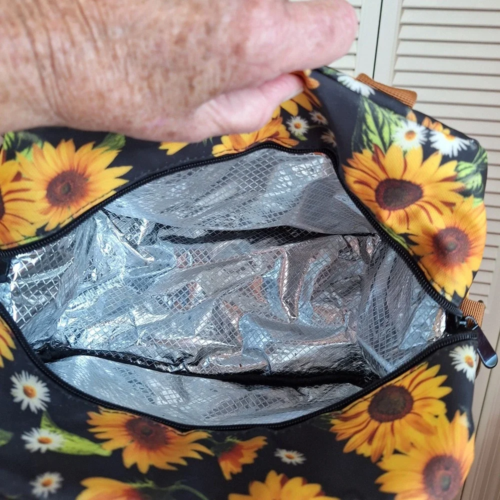 Sunflower Floral Print Crossbody Bag Black Yellow Canvas Satchel Tote Handbag